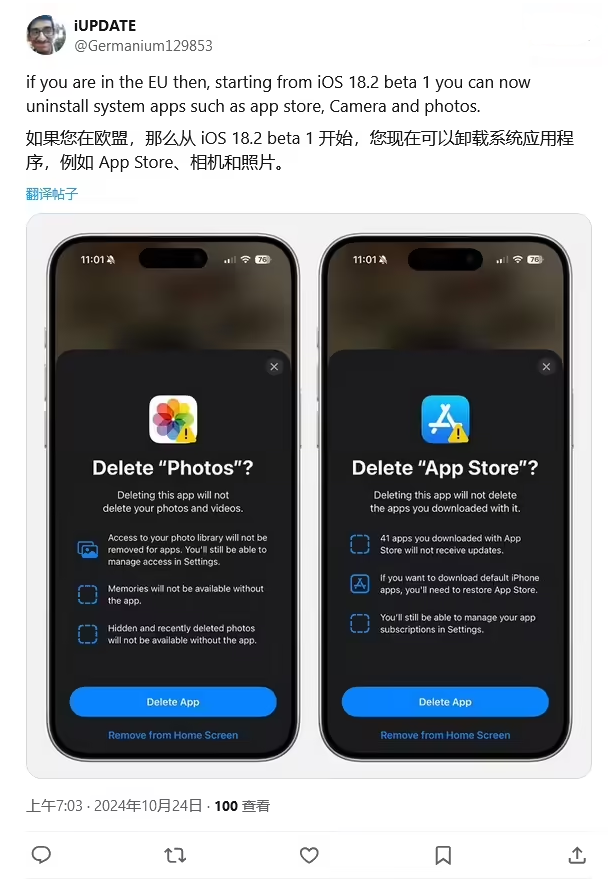 迪庆苹果手机维修分享iOS 18.2 支持删除 App Store 应用商店 