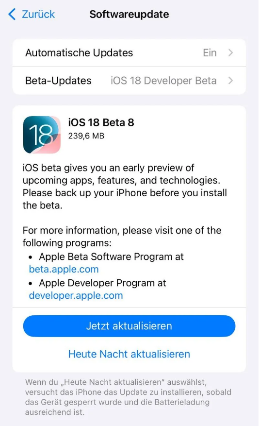 迪庆苹果手机维修分享苹果 iOS / iPadOS 18 开发者预览版 Beta 8 发布 